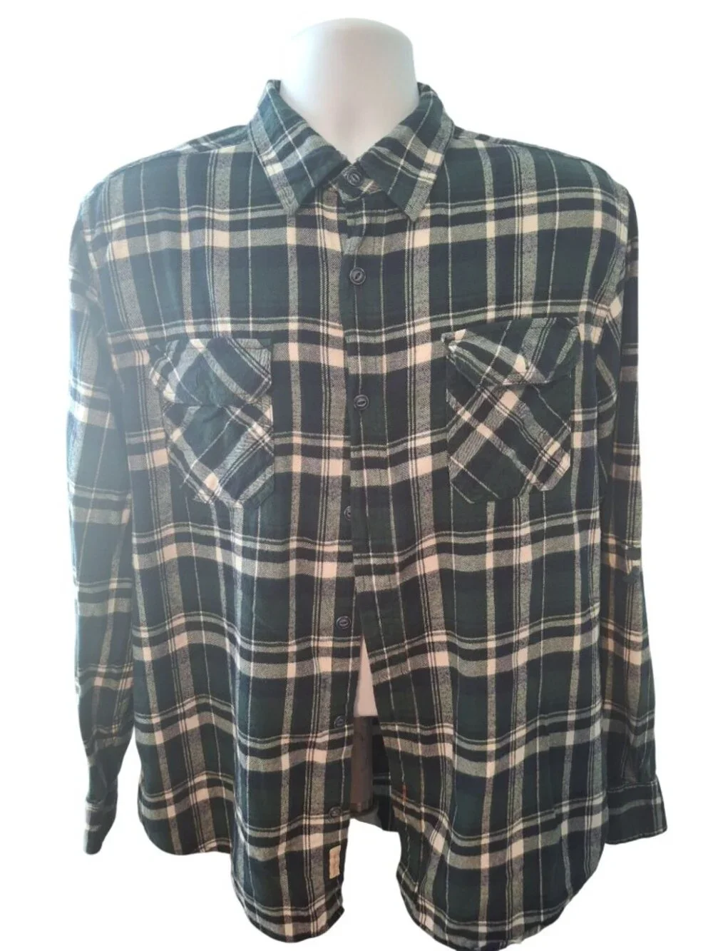 Weatherproof  Plaid Flannel Shirt L Green Blue Button Up Rugged Outdoors Camping
